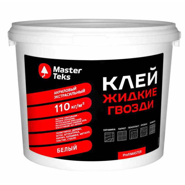 картинка MasterTeks ProfiMaster Жидкие гвозди 110 кг/м2 экстрасильный, 4,5 кг, белый от магазина Тендент